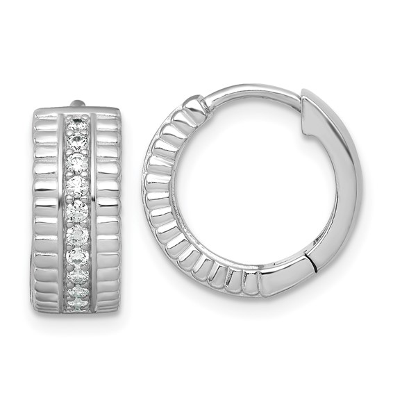 Sterling Silver Rhodium-plated Polished and Grooved CZ 6.2mm Hinged Hoop Earrings