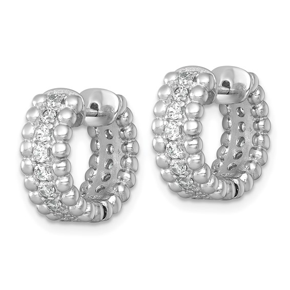 Sterling Silver Rhodium-plated Polished and Beaded CZ Round Hinged Hoop Earrings