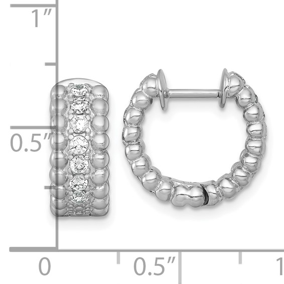 Sterling Silver Rhodium-plated Polished and Beaded CZ Round Hinged Hoop Earrings