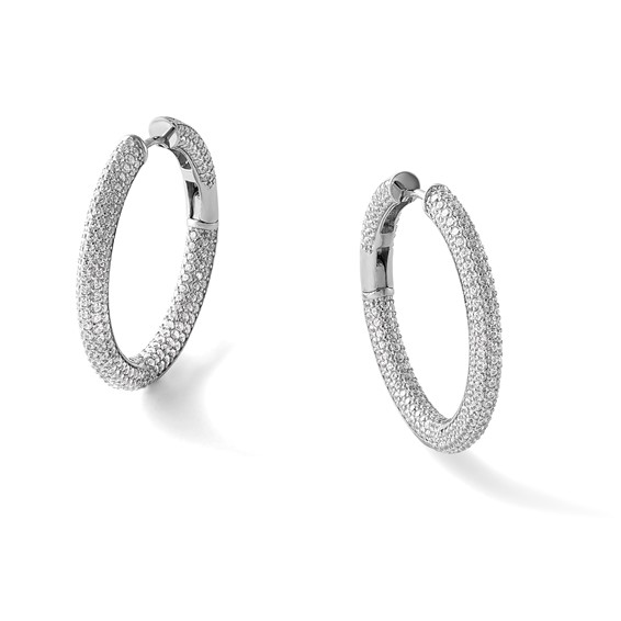 Sterling Silver Rhodium-plated In and Out CZ Pave 3.1 x 29mm Hinged Hoop Earrings