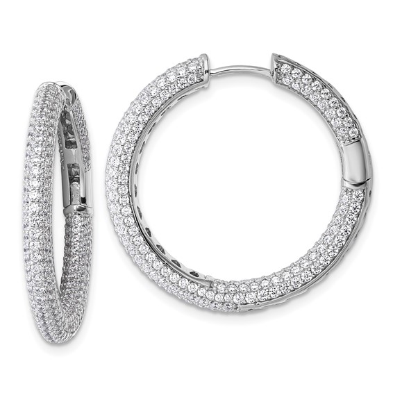 Sterling Silver Rhodium-plated In and Out CZ Pave 3.1 x 29mm Hinged Hoop Earrings