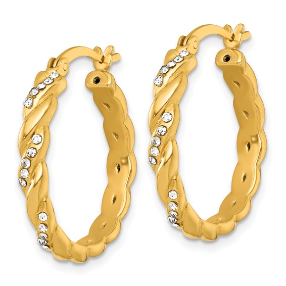 Sterling Silver Gold-tone Polished Twisted with Glass Stones Round Hoop Earrings