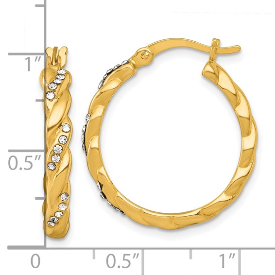 Sterling Silver Gold-tone Polished Twisted with Glass Stones Round Hoop Earrings