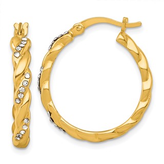 Sterling Silver Gold-tone Polished Twisted with Glass Stones Round Hoop Earrings