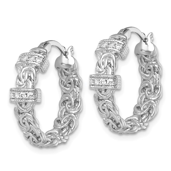 Sterling Silver Rhodium-plated Polished CZ Byzantine Link Round Hoop Earrings