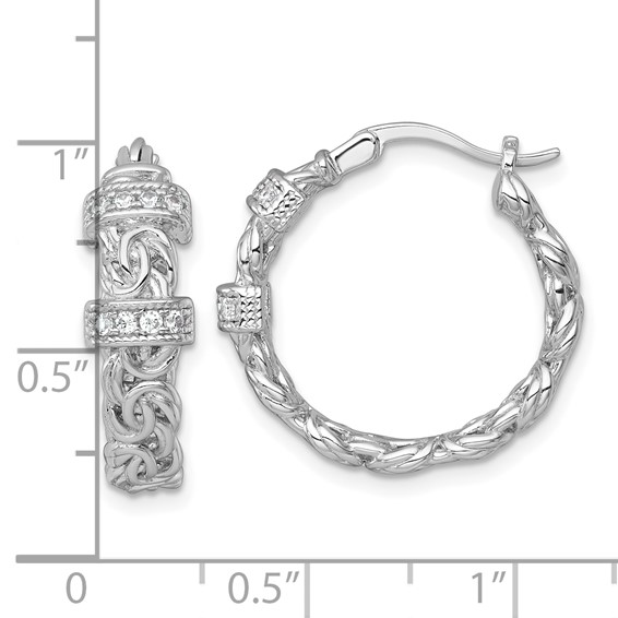 Sterling Silver Rhodium-plated Polished CZ Byzantine Link Round Hoop Earrings