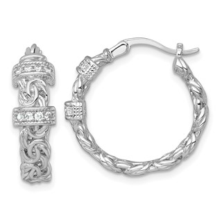 Sterling Silver Rhodium-plated Polished CZ Byzantine Link Round Hoop Earrings