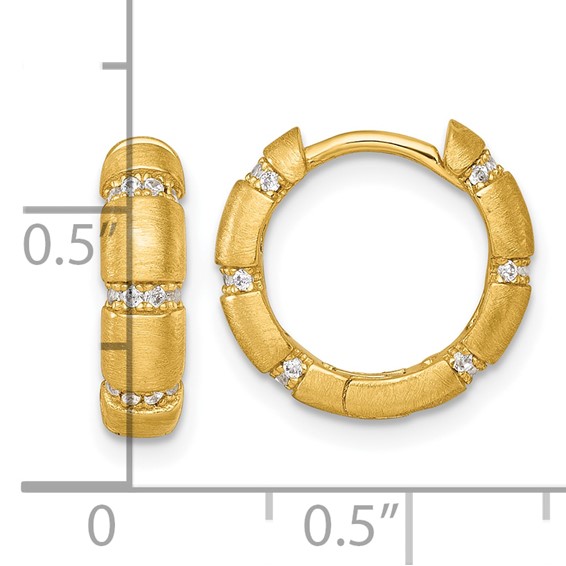 Sterling Silver Gold-Tone Polished and Textured CZ 4.0mm Round Hinged Hoop Earrings