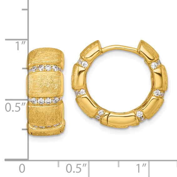 Sterling Silver Gold-Tone Polished and Textured CZ 8.0mm Round Hinged Hoop Earrings