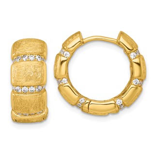 Sterling Silver Gold-Tone Polished and Textured CZ 8.0mm Round Hinged Hoop Earrings