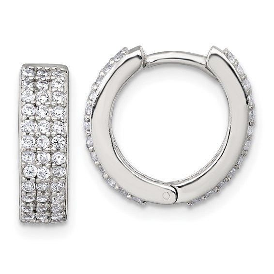 Sterling Silver Polished 16x4.5mm 3-Row CZ Hinged Round Hoop Earrings