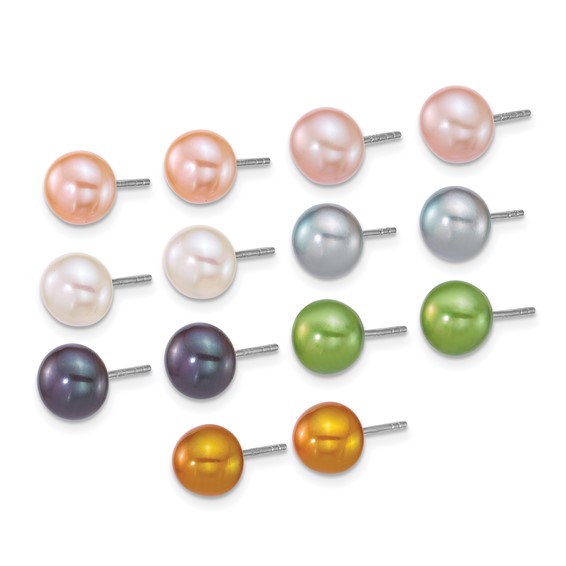 Sterling Silver Rhodium-plated 7-8mm Button White/Pink/Yellow/Peach/Grey/Green/Black Freshwater Cultured Pearl 7-Pair Boxed Post Earring Set