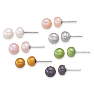 Sterling Silver Rhodium-plated 7-8mm Button White/Pink/Yellow/Peach/Grey/Green/Black Freshwater Cultured Pearl 7-Pair Boxed Post Earring Set