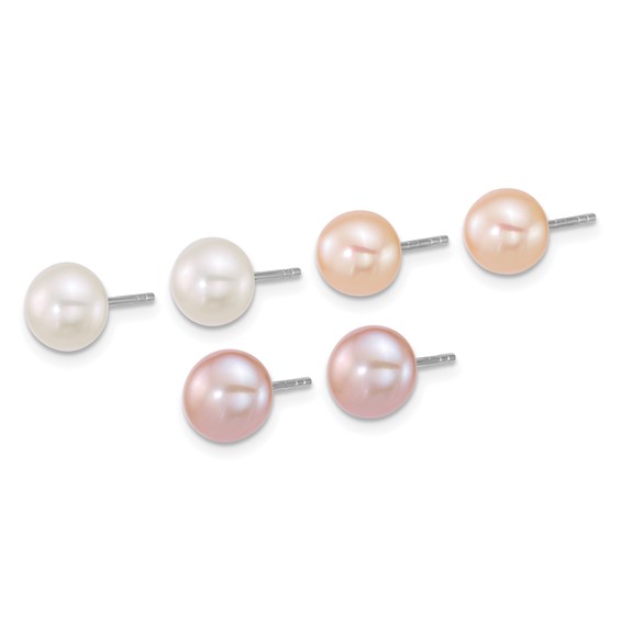 Sterling Silver Rhodium-plated 7-8mm Button White/Pink/Peach Freshwater Cultured Pearl 3-Pair Boxed Post Earring Set