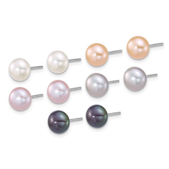Sterling Silver Rhodium-plated 7-8mm Button White/Pink/Peach/Grey/Black Freshwater Cultured Pearl 5-Pair Boxed Earring Set