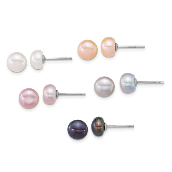 Sterling Silver Rhodium-plated 7-8mm Button White/Pink/Peach/Grey/Black Freshwater Cultured Pearl 5-Pair Boxed Earring Set