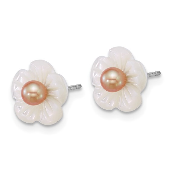 Sterling Silver Rhodium-plated 3-4mm Pink Round Freshwater Cultured Pearl and White Mother of Pearl Flower Post Earrings