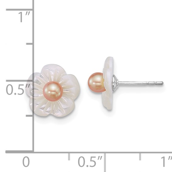 Sterling Silver Rhodium-plated 3-4mm Pink Round Freshwater Cultured Pearl and White Mother of Pearl Flower Post Earrings