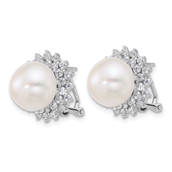 Sterling Silver Rhodium-plated 11-12mm Button White Freshwater Cultured Pearl and CZ Halo Omega Back Earrings
