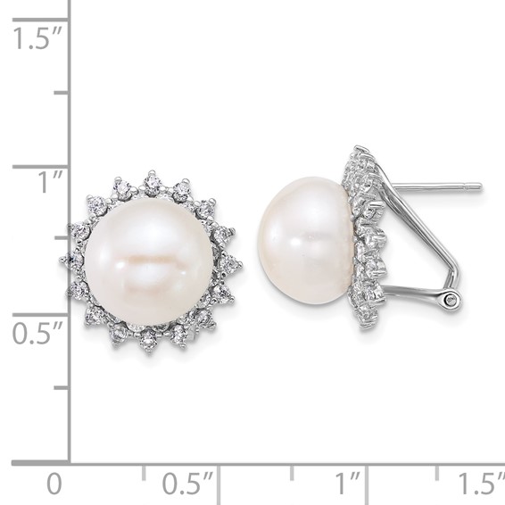 Sterling Silver Rhodium-plated 11-12mm Button White Freshwater Cultured Pearl and CZ Halo Omega Back Earrings