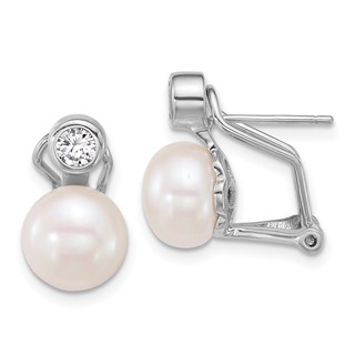 Sterling Silver Rhodium-plated 8-9mm Button White Freshwater Cultured Pearl and CZ Omega Back Earrings