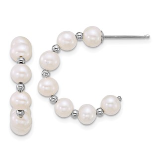 Sterling Silver Rhodium-plated 4-5mm Round White Freshwater Cultured Pearl and Bead C-Hoop Post Earrings