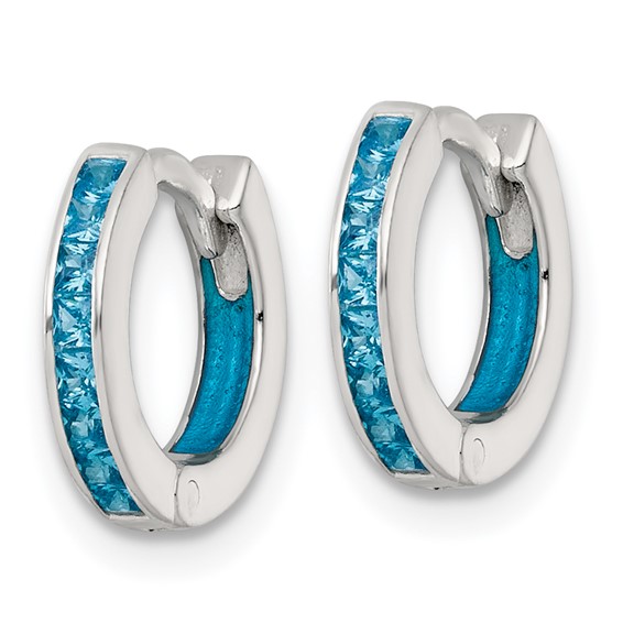 Sterling Silver Polished Blue CZ and Blue Enamel In and Out 13mm Hinged Round Hoop Earrings