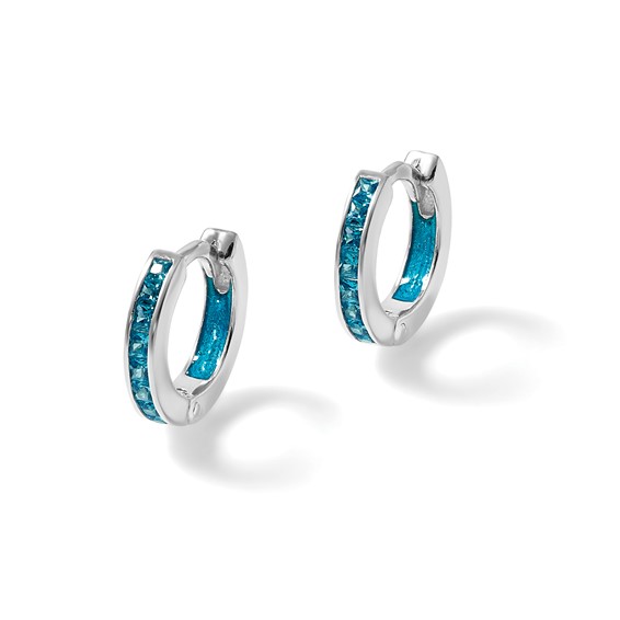 Sterling Silver Polished Blue CZ and Blue Enamel In and Out 13mm Hinged Round Hoop Earrings