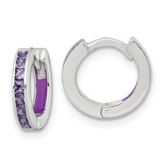 Sterling Silver Polished Purple CZ and Purple Enamel In and Out 13mm Hinged Round Hoop Earrings