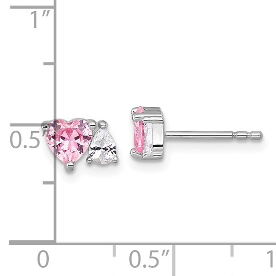Sterling Silver Rhodium-plated Polished Heart Pink and White Pear CZ Post Earrings