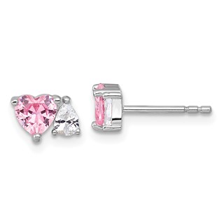 Sterling Silver Rhodium-plated Polished Heart Pink and White Pear CZ Post Earrings