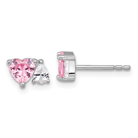 Sterling Silver Rhodium-plated Polished Heart Pink and White Pear CZ Post Earrings