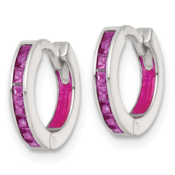 Sterling Silver Polished Pink CZ and Pink Enamel In and Out 13mm Hinged Round Hoop Earrings