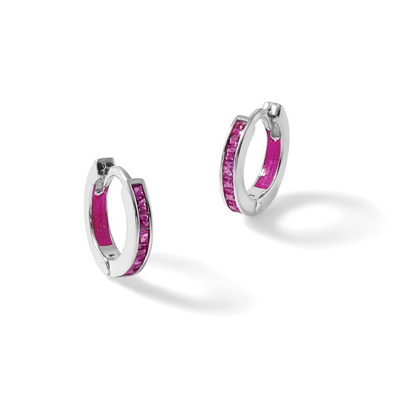 Sterling Silver Polished Pink CZ and Pink Enamel In and Out 13mm Hinged Round Hoop Earrings