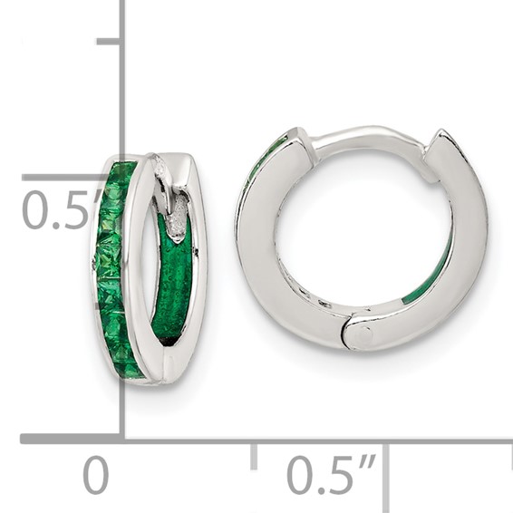 Sterling Silver Polished Green CZ and Green Enamel In and Out 13mm Hinged Round Hoop Earrings