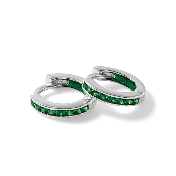 Sterling Silver Polished Green CZ and Green Enamel In and Out 13mm Hinged Round Hoop Earrings
