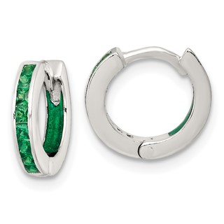 Sterling Silver Polished Green CZ and Green Enamel In and Out 13mm Hinged Round Hoop Earrings