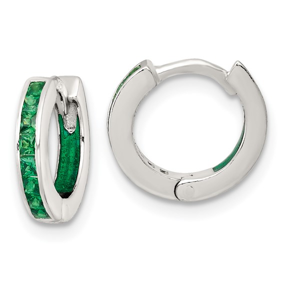 Sterling Silver Polished Green CZ and Green Enamel In and Out 13mm Hinged Round Hoop Earrings