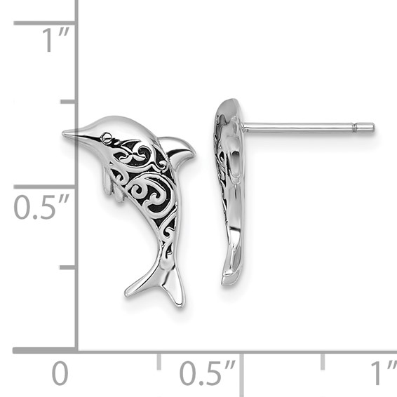 Sterling Silver Rhodium-plated Polished and Oxidized Filigree Dolphin Post Earrings