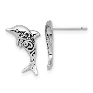 Sterling Silver Rhodium-plated Polished and Oxidized Filigree Dolphin Post Earrings