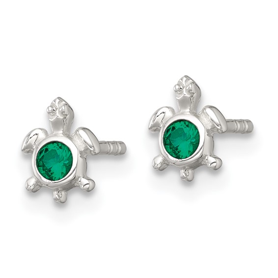 Sterling Silver Polished Green CZ Turtle Mini Post Earrings