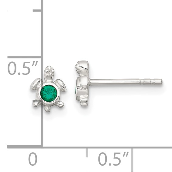 Sterling Silver Polished Green CZ Turtle Mini Post Earrings