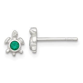 Sterling Silver Polished Green CZ Turtle Mini Post Earrings