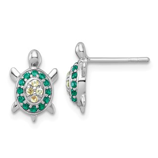 Sterling Silver Rhodium-plated Polished Green And Yellow Nano Crystals Turtle Post Earrings