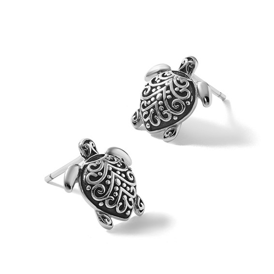 Sterling Silver Polished and Oxidized Filigree Hollow Turtle Post Earrings