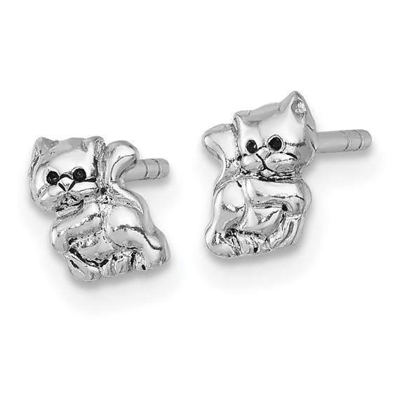 Sterling Silver Rhodium-plated Polished Enameled Cat Kitten Post Earrings