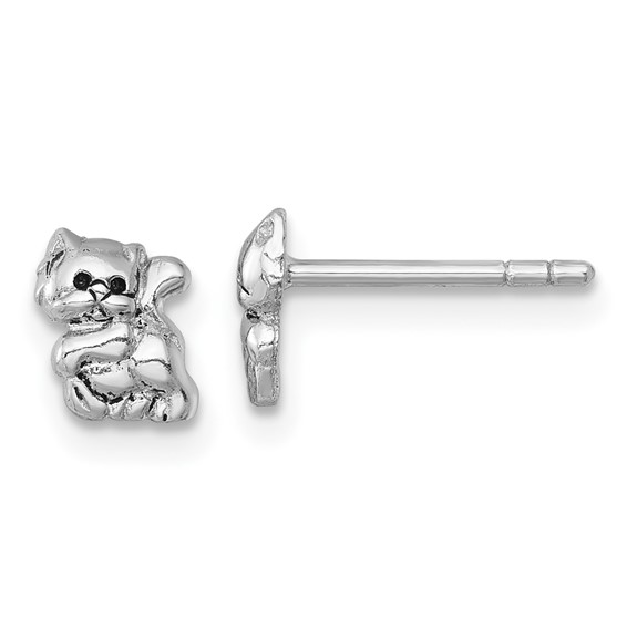 Sterling Silver Rhodium-plated Polished Enameled Cat Kitten Post Earrings