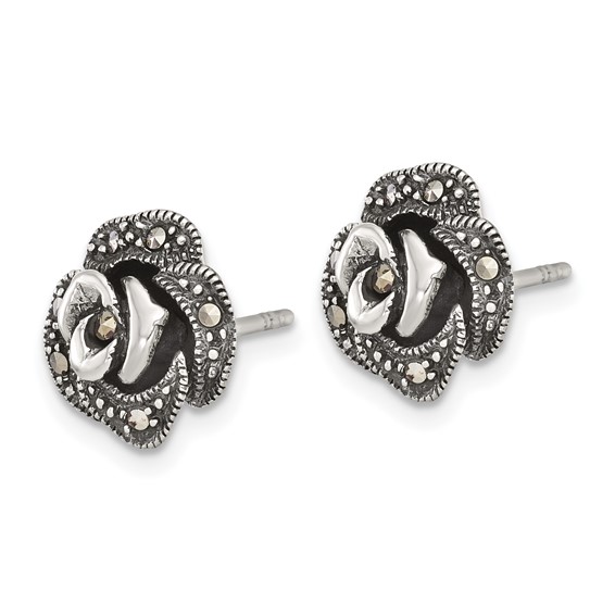 Sterling Silver Antiqued Marcasite Fancy Rose Post Earrings