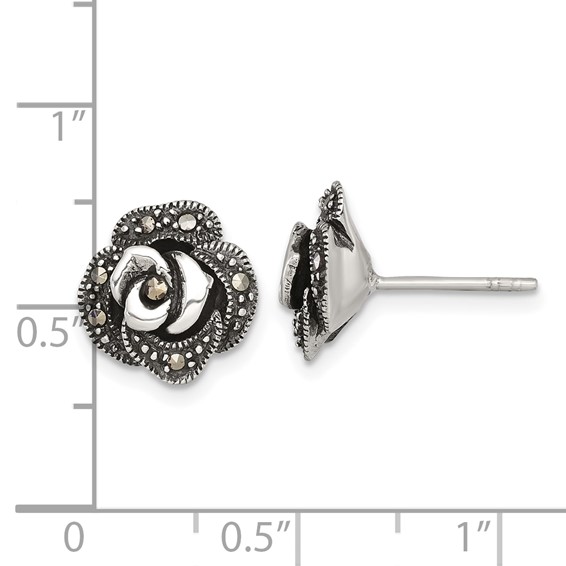Sterling Silver Antiqued Marcasite Fancy Rose Post Earrings