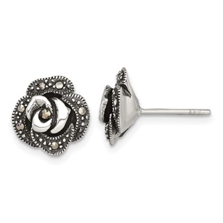 Sterling Silver Antiqued Marcasite Fancy Rose Post Earrings
